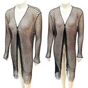 Chico's Vintage Loop Beaded Fringe Shrug Lattice Black Brown Netted Cover